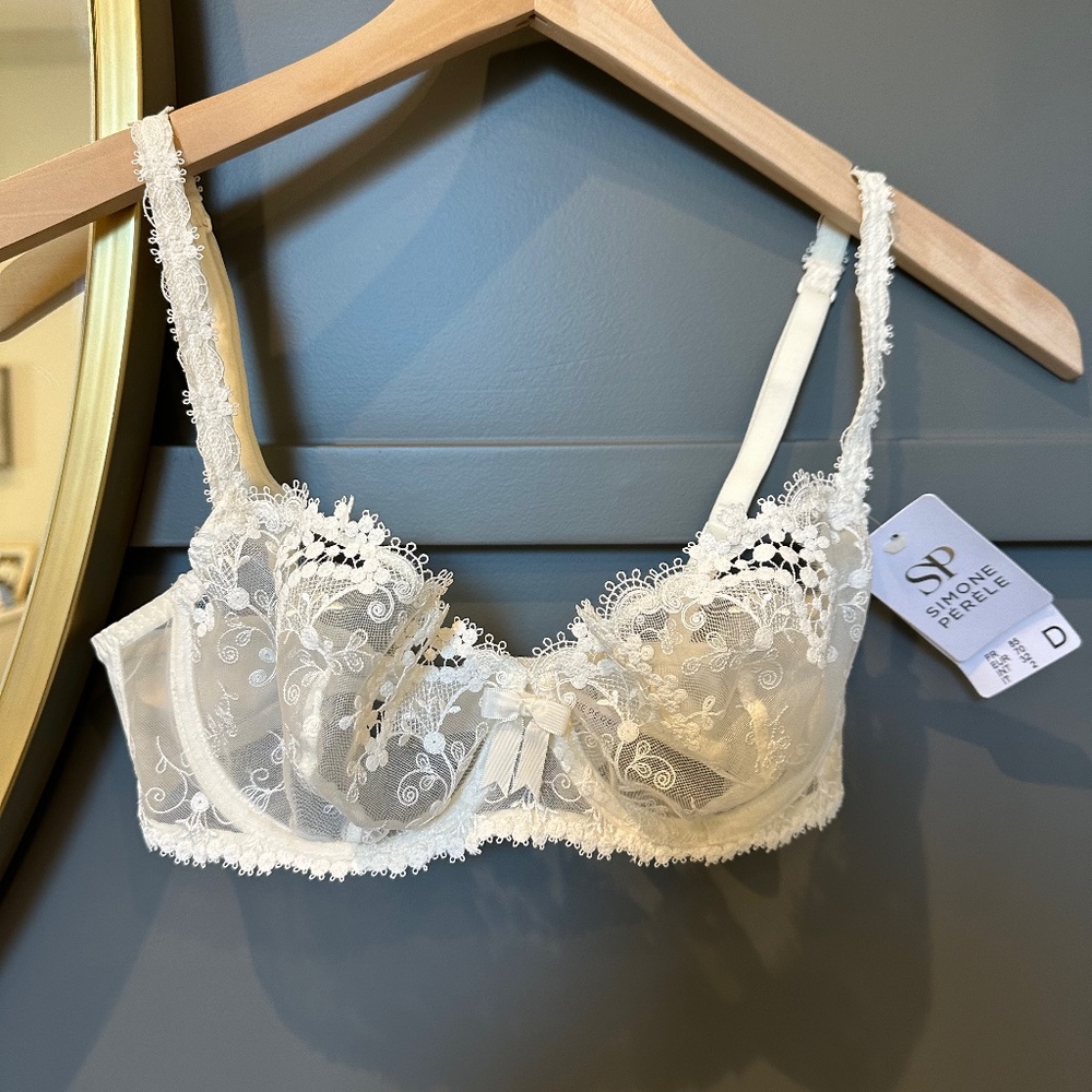 🤍 NWT!! SIMONE PERELE Wish Underwire Demi-Bra in delicate cream lace, SIZE 32D!